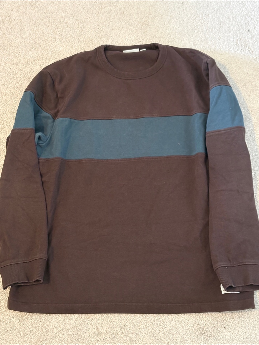 Frank & Oak Brown Crewneck Sweatshirt with Blue Chest Stripe